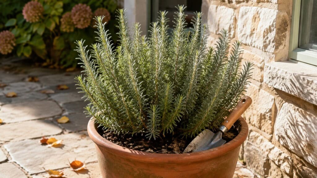 Healthy rosemary shrub in a large terracotta pot beside a sunny stone house wall in autumn.