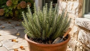 Healthy rosemary shrub in a large terracotta pot beside a sunny stone house wall in autumn.