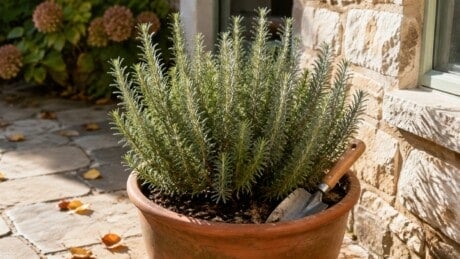 Healthy rosemary shrub in a large terracotta pot beside a sunny stone house wall in autumn.