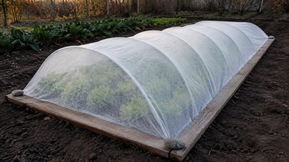 White frost cloth supported by low hoops and secured at soil level over a bed of fall lettuce.