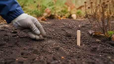 Gloved hand presses small flower seeds into prepared soil beside a blank wooden marker stake.