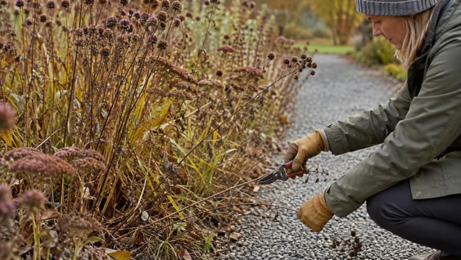 Gardener trims spent perennial stems that lean into a gravel path while leaving taller stems behind them.