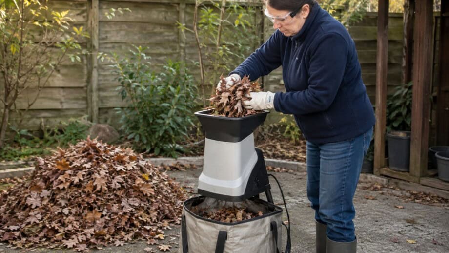 Gardener safely shredding dry leaves into a collection bag for composting.