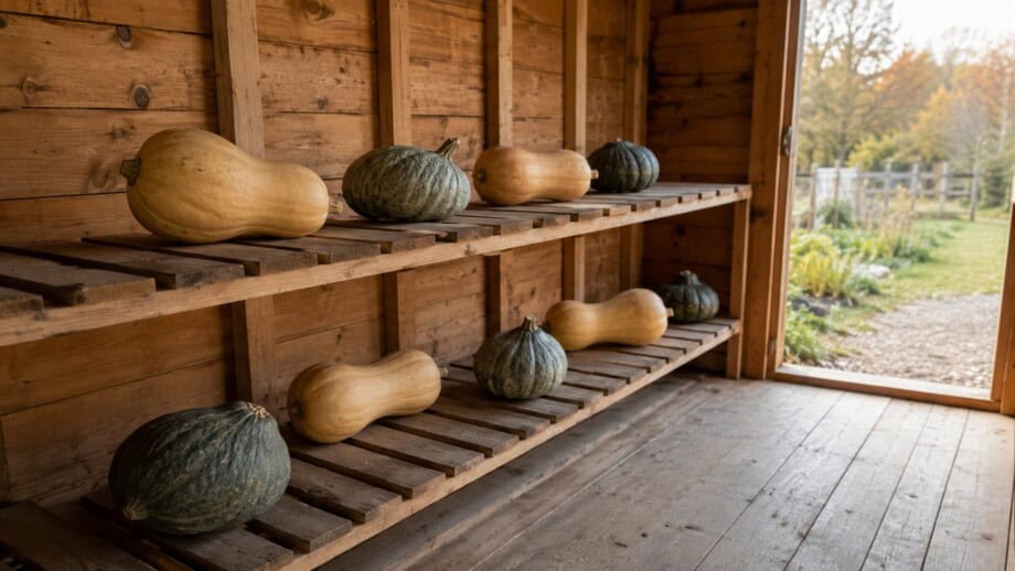 Mature winter squash spaced in a single layer on slatted shelves in a dry, airy curing shed.