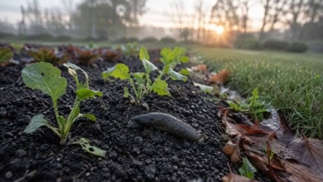 A large gray slug moves through wet soil beside young brassica seedlings with ragged holes in their leaves.