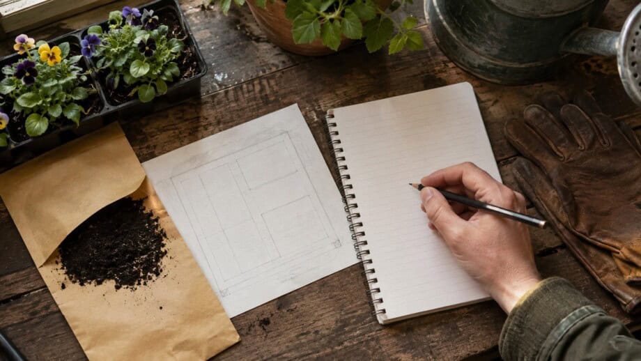 Gardener writes a spring garden action list beside a bed sketch and soil sample envelope.