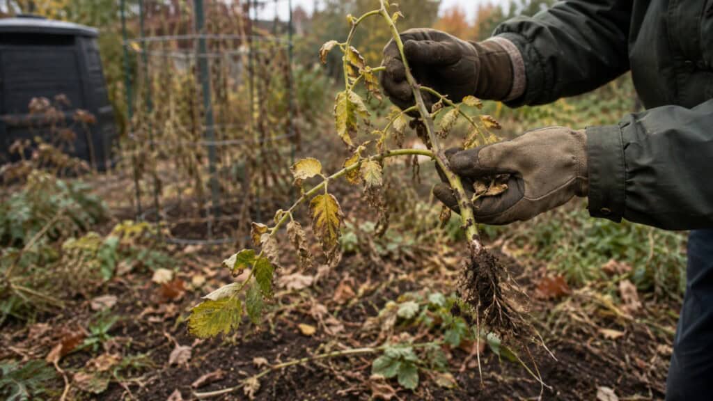 Gardener inspecting a pulled tomato vine beside a cage in a late-season vegetable bed.