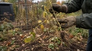 Gardener inspecting a pulled tomato vine beside a cage in a late-season vegetable bed.