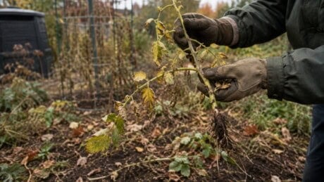 Gardener inspecting a pulled tomato vine beside a cage in a late-season vegetable bed.