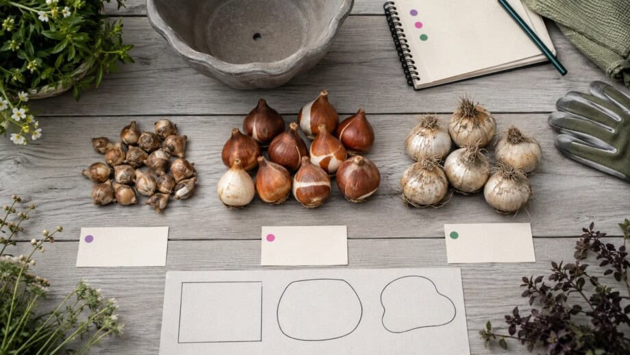 Three groups of spring bulbs arranged as example early crocus, midseason tulip, and late allium choices beside simple plan cues.