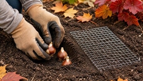 Gloved gardener plants spring bulbs beside a flat wire mesh panel in autumn soil.