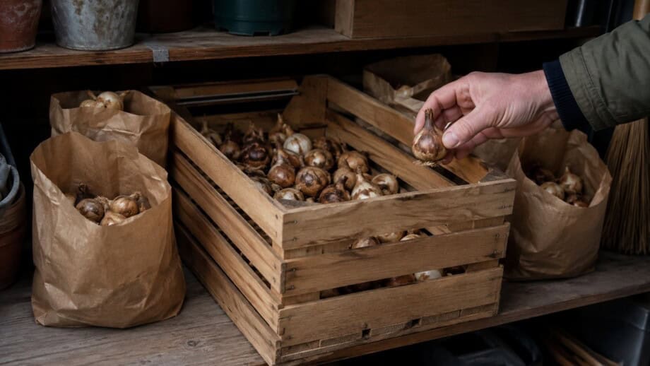 Gardener checks dry bulbs in paper bags and a ventilated wood crate on a cool dim shelf.