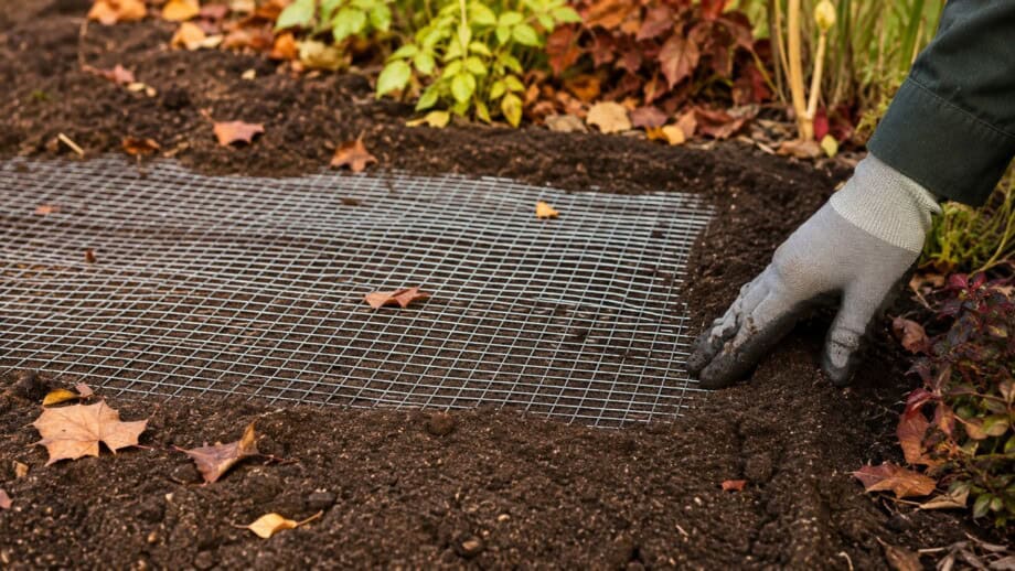 Gardener secures flat wire mesh over a freshly planted bulb bed with soil around the edges.