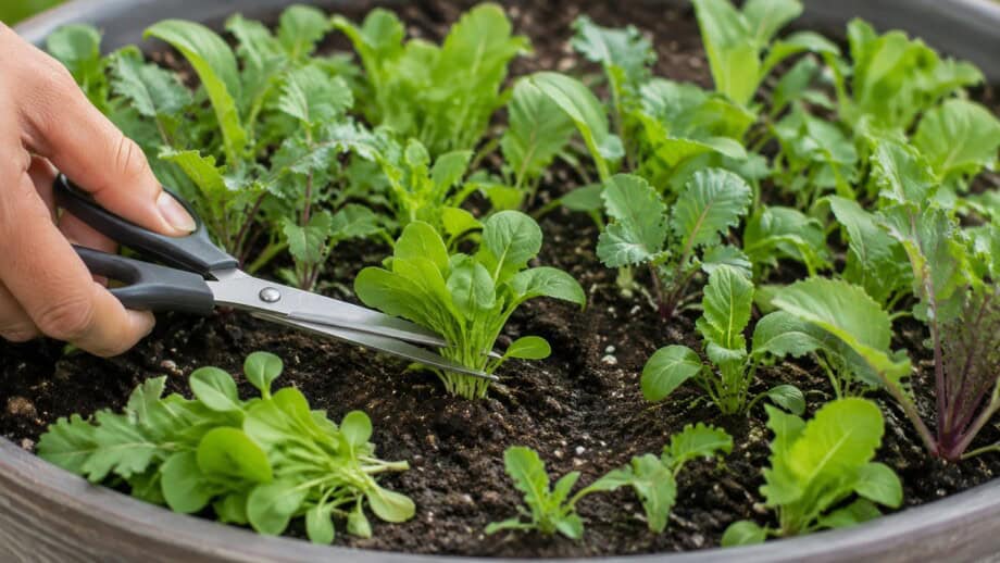 Garden scissors thinning crowded baby greens above the soil in a container.