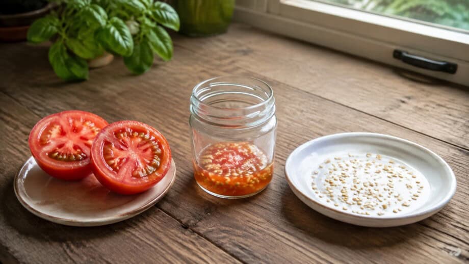 Ripe tomato, jar of tomato seed gel, and clean seeds drying on a ceramic plate.