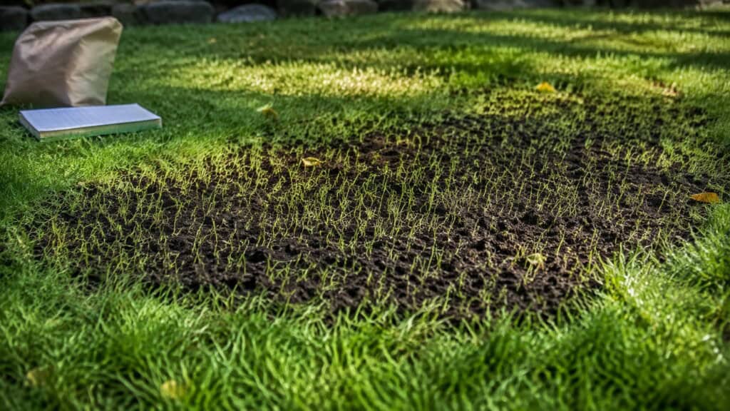 A small freshly overseeded lawn patch with young green grass shoots in early fall.