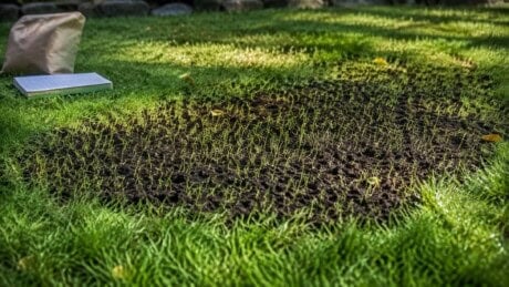A small freshly overseeded lawn patch with young green grass shoots in early fall.