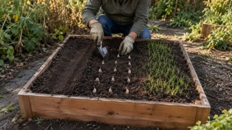 Cleared 4×4 raised bed prepared in small areas for fall greens, garlic, and a cover crop.