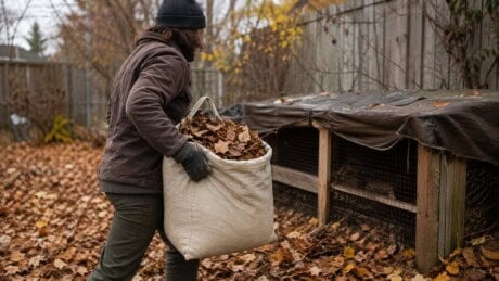 Gardener carrying a bag of dry autumn leaves to a covered home compost area.