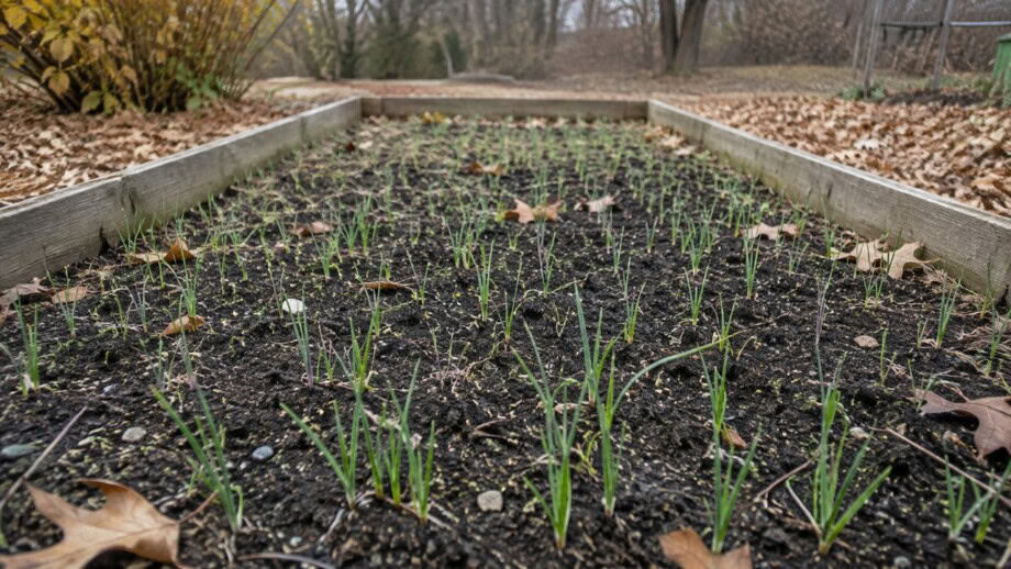 Small winter rye seedlings in a recently seeded raised bed on a cool October morning.