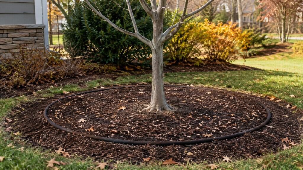 Young tree receives slow watering across a mulched root zone on a dry autumn day.