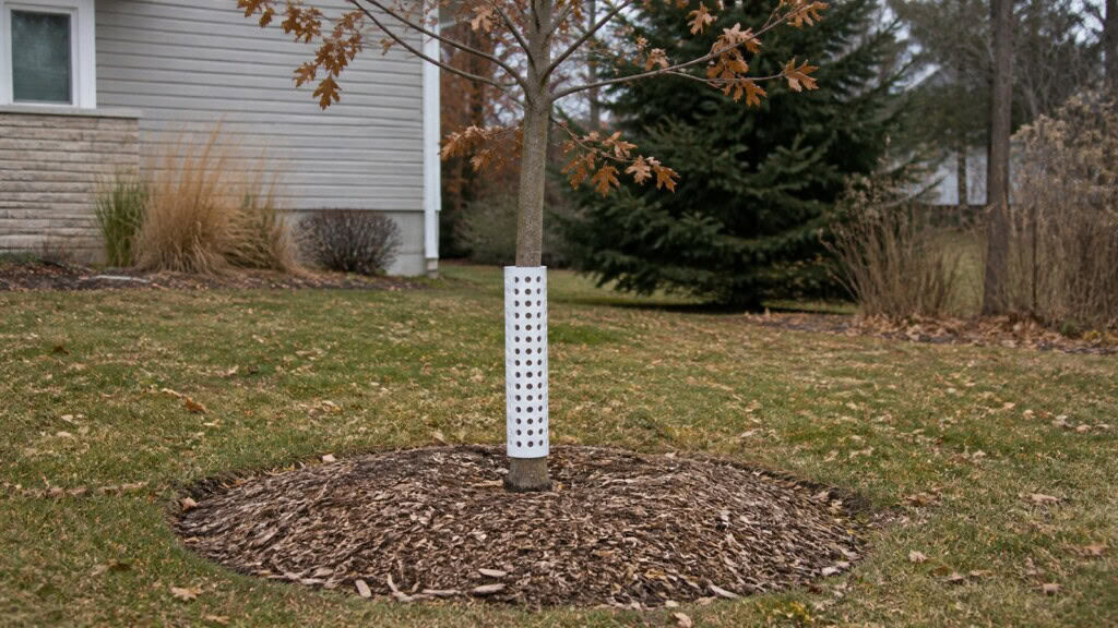 Young tree with a wide mulch ring and trunk guard in an autumn yard.