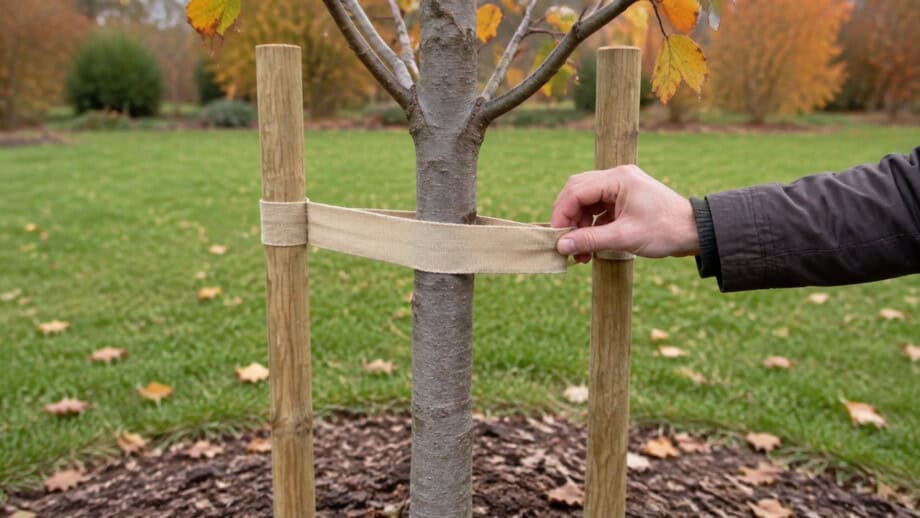 Gardener checking a wide flexible tree tie around a young trunk.