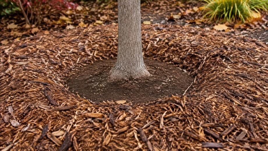 Wood chip mulch pulled back from the visible root flare of a young tree.