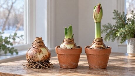 Dormant amaryllis bulb beside a newly growing potted bulb and a budded plant.