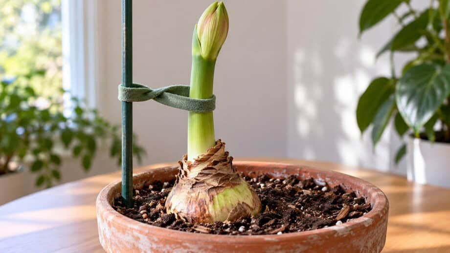 Loose soft tie connecting amaryllis flower stalk to a stake positioned at the pot edge.