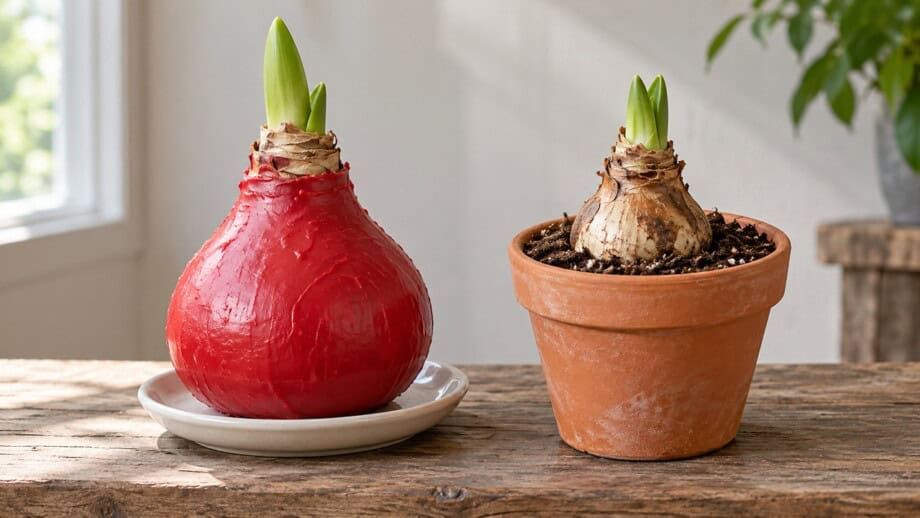 Wax-coated amaryllis on a dry base beside a conventional bulb planted in potting mix.