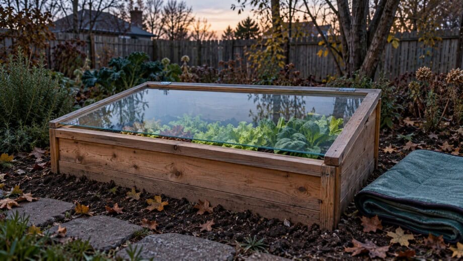 Closed cold frame lid at dusk with greens below and folded night mat beside it.