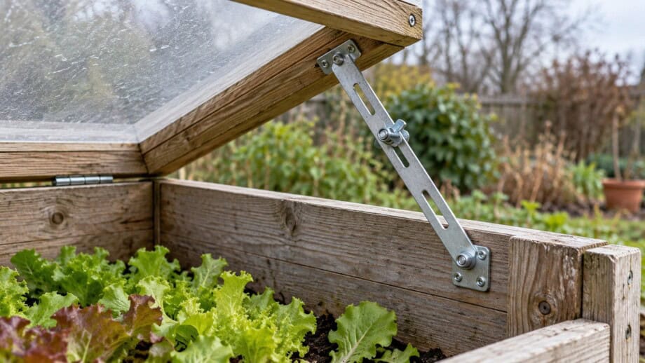 Metal locking stay fastened to a cold-frame base and raised lid frame.