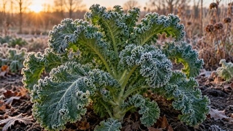 Curly kale leaves edged with delicate frost in a cold morning garden.