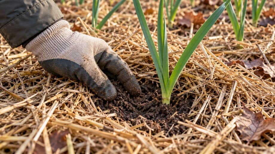 Gloved hand gently moving straw aside to check soil beside an undisturbed garlic shoot.