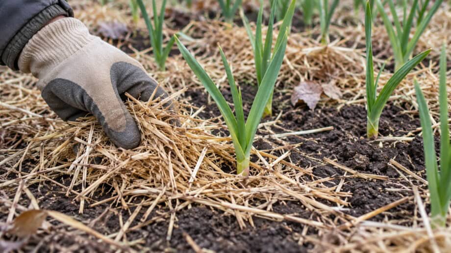 Gloved hand placing loose straw beside upright garlic shoots with leaves left intact.