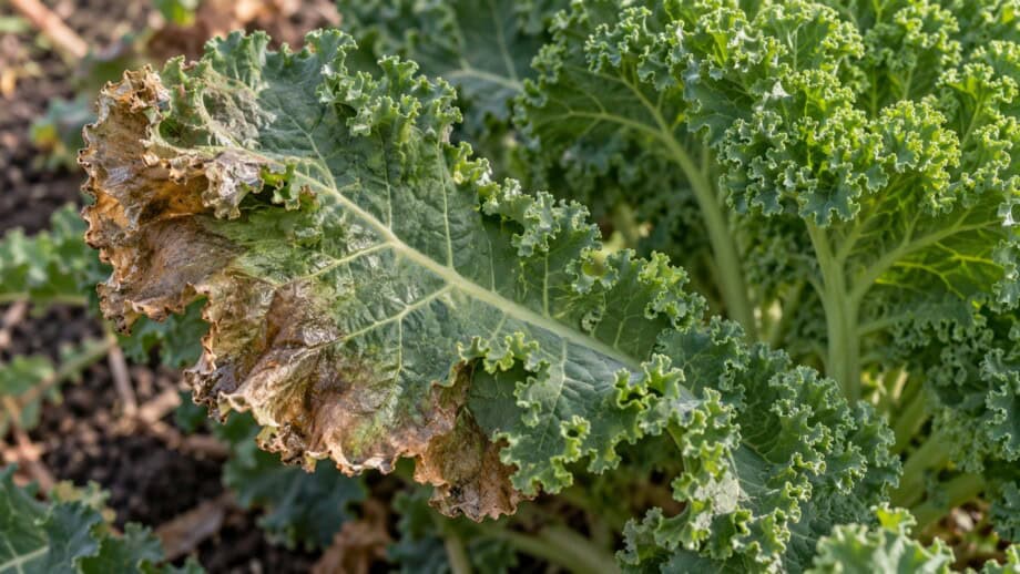 Thawed kale outer leaf with a translucent brown collapsed area beside sound green foliage.