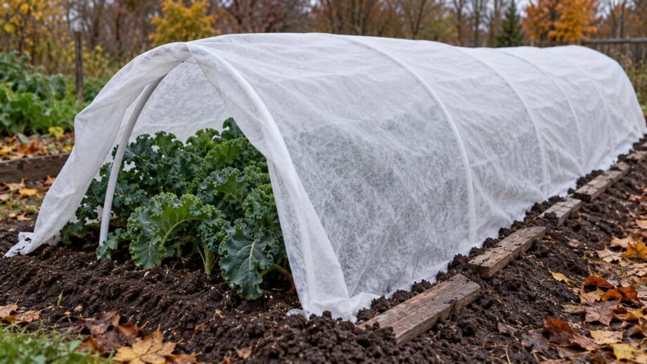 Low hoop supported fabric row cover secured along a kale bed in late autumn.