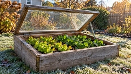 Sunlit cold frame with cool season greens and a securely raised clear lid.