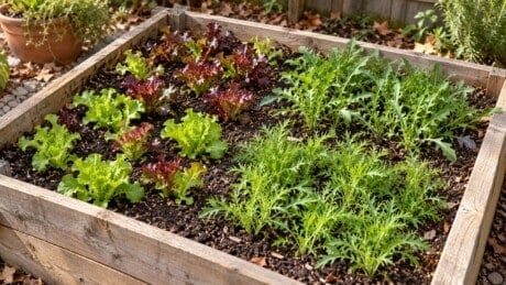 Small raised bed with spaced lettuce and leafy salad greens in autumn sunlight