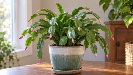 Thanksgiving type holiday cactus with pointed segment margins and developing pink buds.