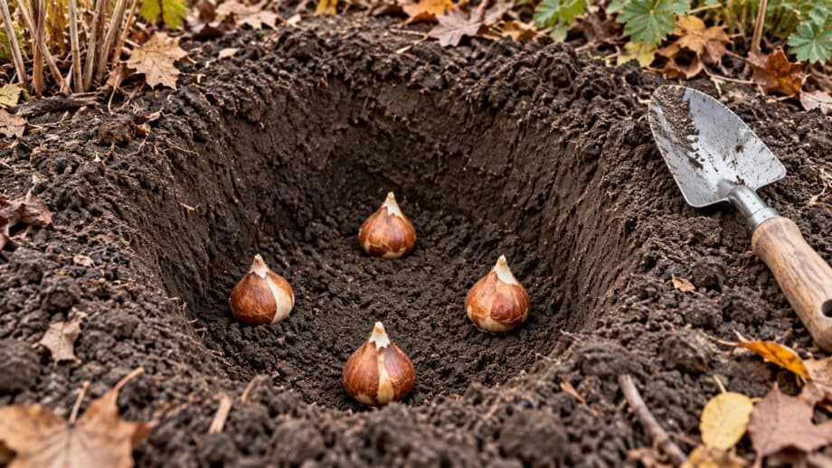 Pointed tulip bulbs upright in a deep planting hole with crumbly soil around the edge.