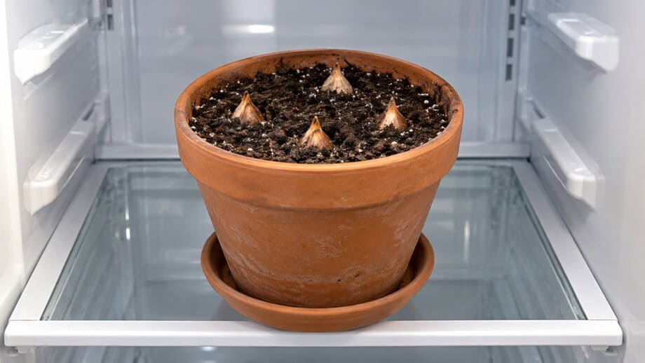 Planted pot with separated tulip bulb tips above mix on an empty refrigerator shelf