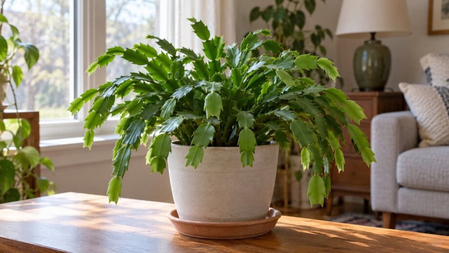 Healthy unbudded holiday cactus in bright indirect daylight away from lamps and drafts.