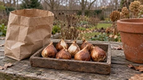 Tray of pointed brown tulip bulbs beside an open paper bag and planting pot.
