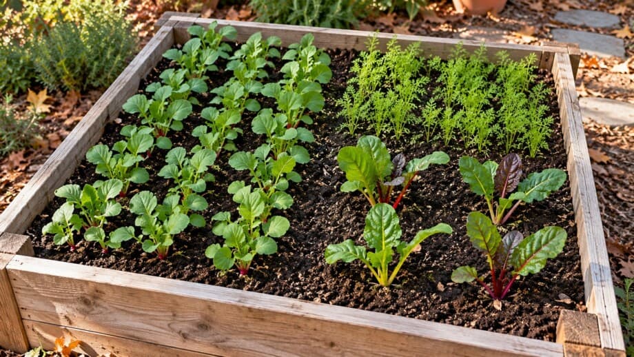 Young radish and carrot rows beside small chard transplants in a divided bed