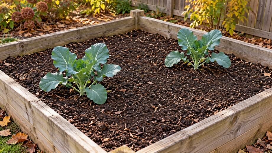 Two young broccoli transplants spaced widely in a small raised bed.