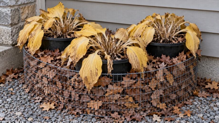 Dormant perennial pots grouped near a wall with loose leaves held around pot sides by wire mesh.