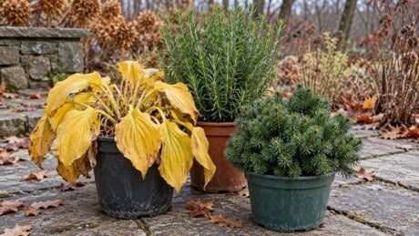 Dormant hosta, evergreen rosemary and dwarf conifer in three separate patio pots.