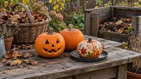 Plain carved and intact pumpkins beside dry leaves, with a painted pumpkin kept on a separate tray.